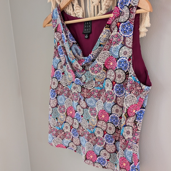 Due Per Due 100% Silk Multicolor Patterned Women's Tank Top Cowl Neck Size 12 - Picture 1 of 7